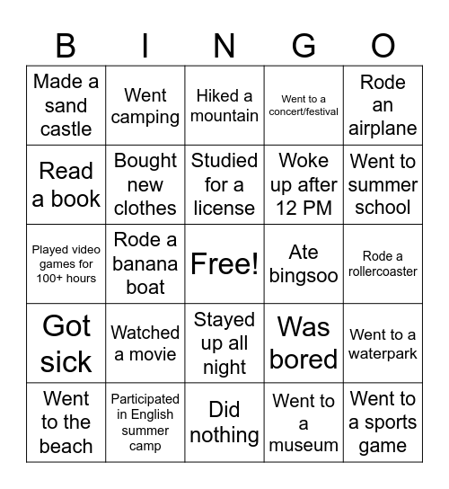 What Did You Do During Summer Vacation? Bingo Card