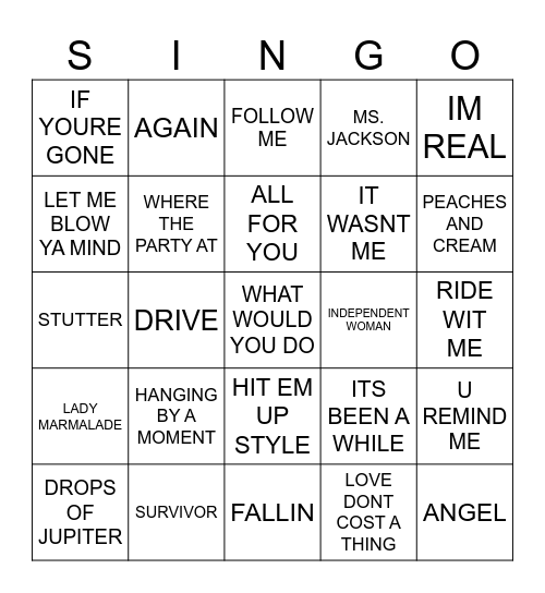 841 TOP 25 HITS OF 2001 Bingo Card