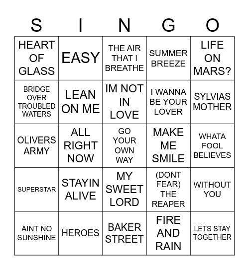 840 TOP 100 SONGS OF THE 70’S Bingo Card