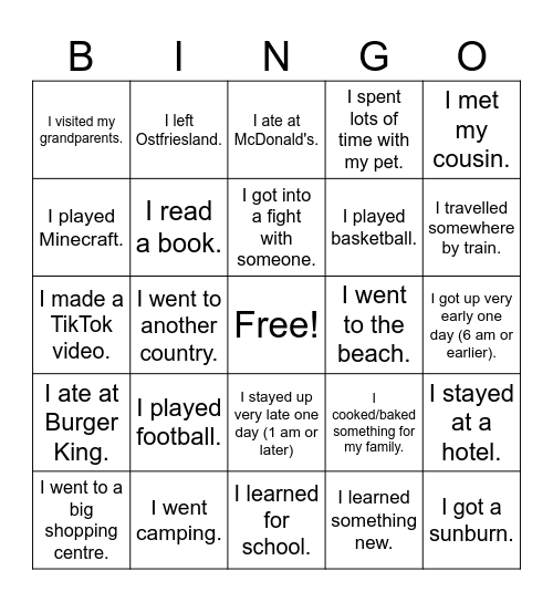 What I did during the break Bingo Card