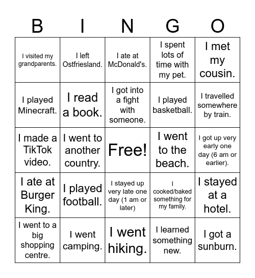 What I did during the break Bingo Card