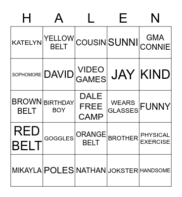 Halen's 16th Birthday Bingo Card