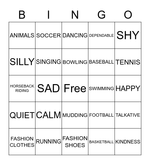 Personality & Interest Bingo Card