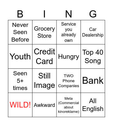 Schnoodle & Doodle Movie Theatre Commercial Bingo Card
