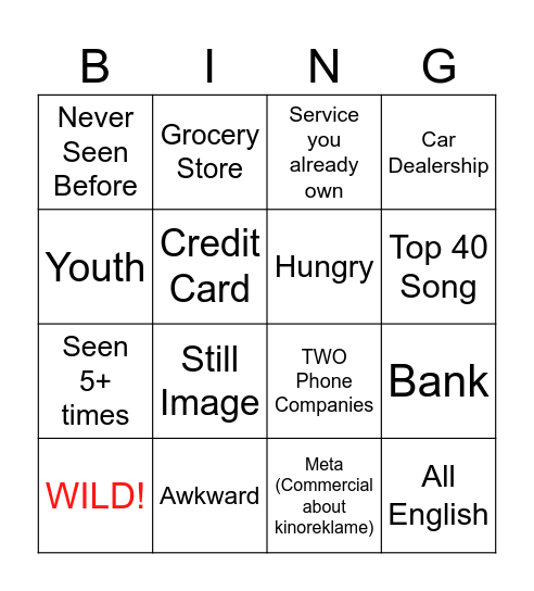 Schnoodle & Doodle Movie Theatre Commercial Bingo Card