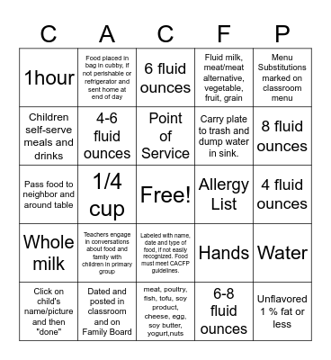 Annual CACFP Training 8/18/2023 Bingo Card