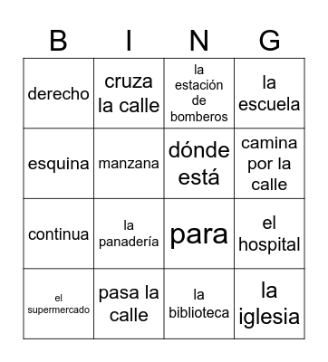 Dar direcciones Bingo Card