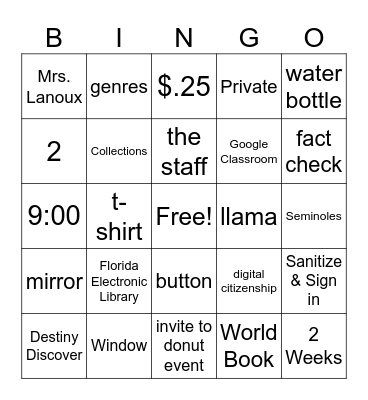 Library Orientation Bingo Card