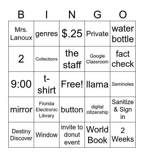 Library Orientation Bingo Card