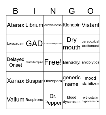 Antianxiety Medications Bingo Card