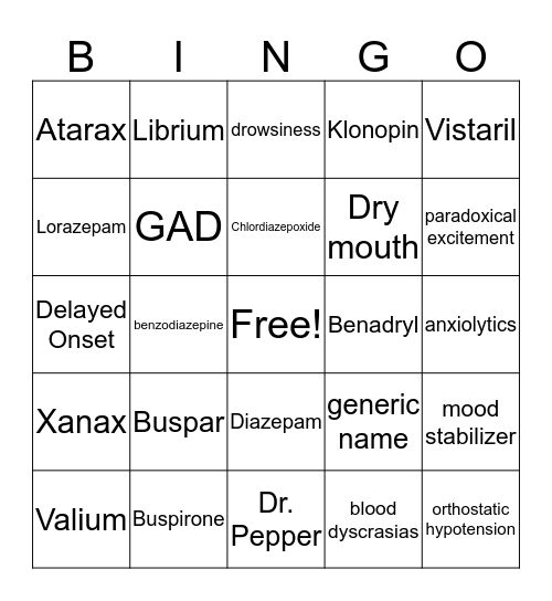 Antianxiety Medications Bingo Card