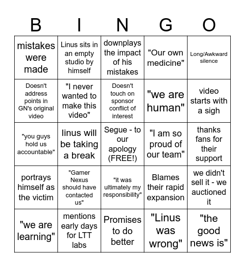 Linus Apology Bingo Card