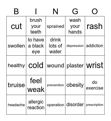 Health Vocabulary Bingo Card