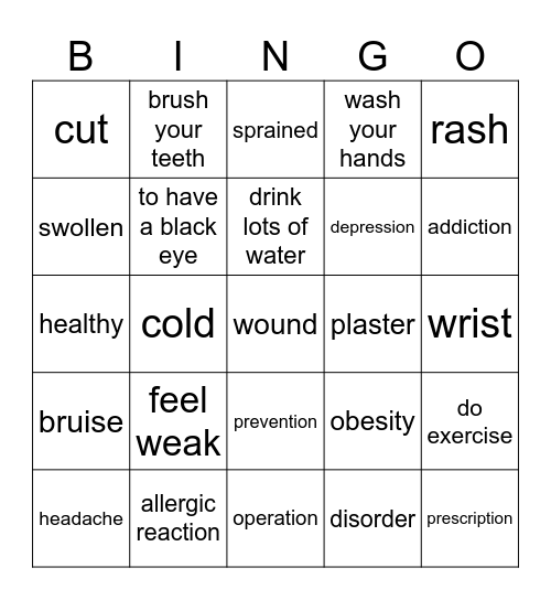 Health Vocabulary Bingo Card