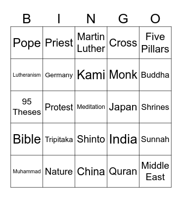 World Religions Bingo Card