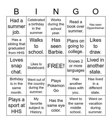 First Day of School Bingo Card