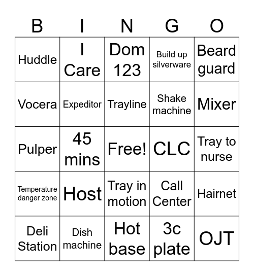 Food Service Bingo Card