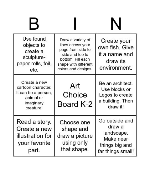 Art Choice Board Bingo Card