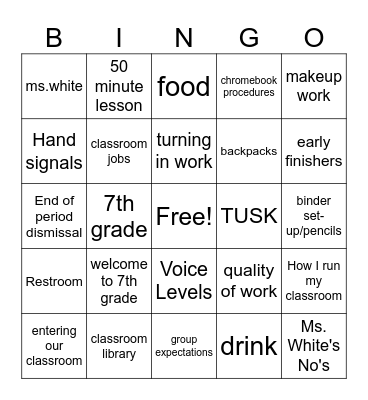 Ms. White's Classroom Procedures Bingo Card