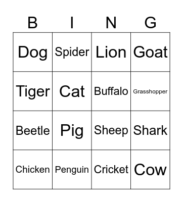 Animal Bingo (Hard) Bingo Card