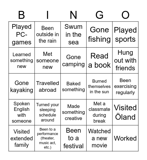 Who did what during summer? Bingo Card