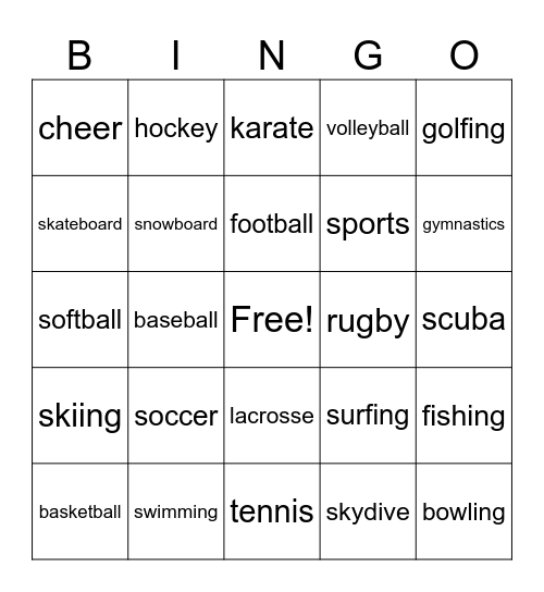 Sports/Activities Bingo Card