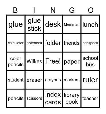 Back to School Bingo Card