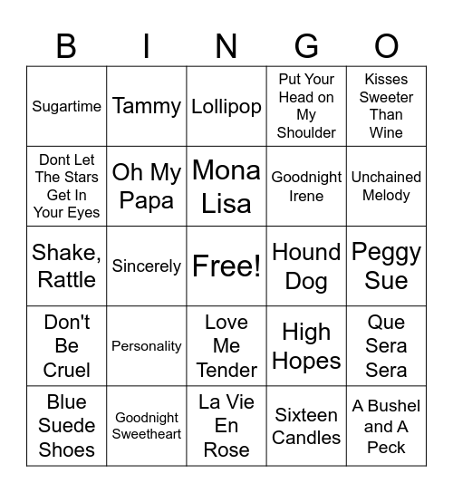 1950's MUSIC BINGO Card