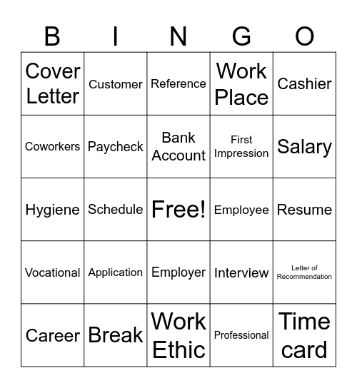 Job Words Bingo Card
