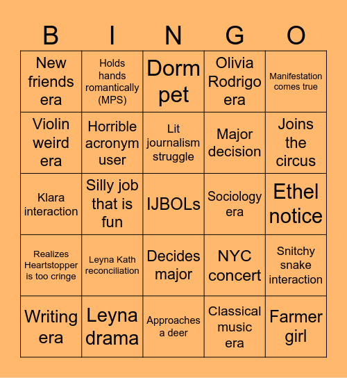 s is for silly sophomore semester (ingrid) Bingo Card