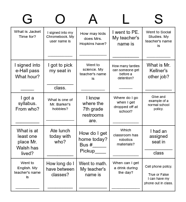 7th grade TEAM First Day Bingo Card