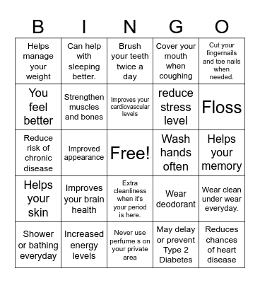 Exercise Benefits  and Good Hygiene Bingo Card