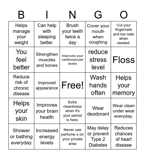 Exercise Benefits  and Good Hygiene Bingo Card