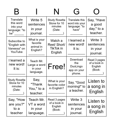 Learn English Fast Bingo! Bingo Card