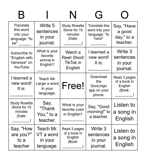 Learn English Fast Bingo! Bingo Card