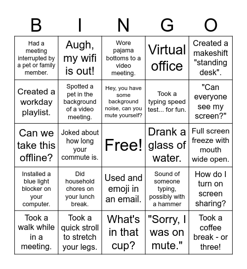 Work From Home Bingo Card