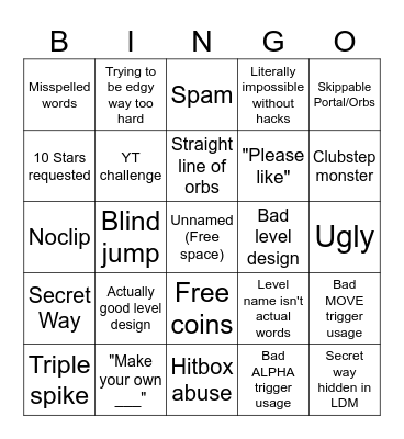 GD Recent Levels Bingo Card