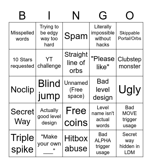 GD Recent Levels Bingo Card