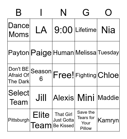 Dance Moms Bingo Card