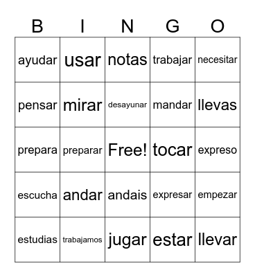 AR- Verbs Bingo Card