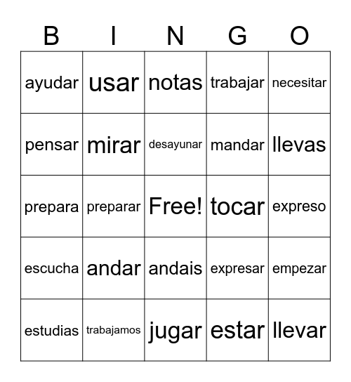 AR- Verbs Bingo Card