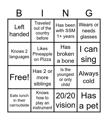 GET TO KNOW ME Bingo Card