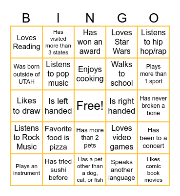 Middle School Bingo Card