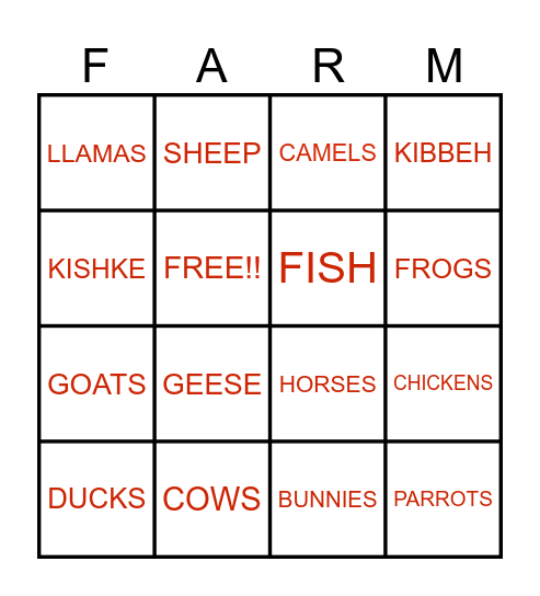 ZONE ANIMAL BINGO Card