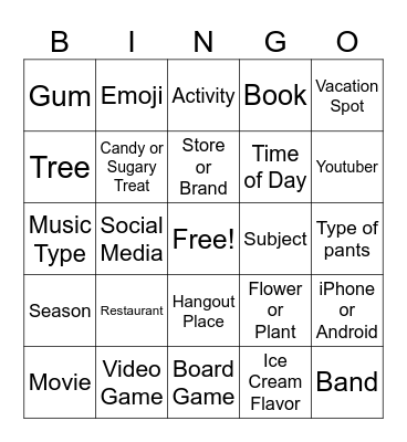 Favorites Bingo Card