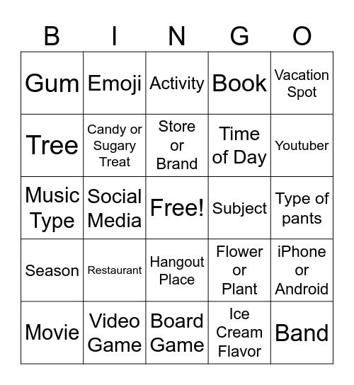 Favorites Bingo Card