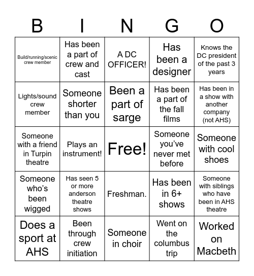 Drama Club Bingo!!! Bingo Card