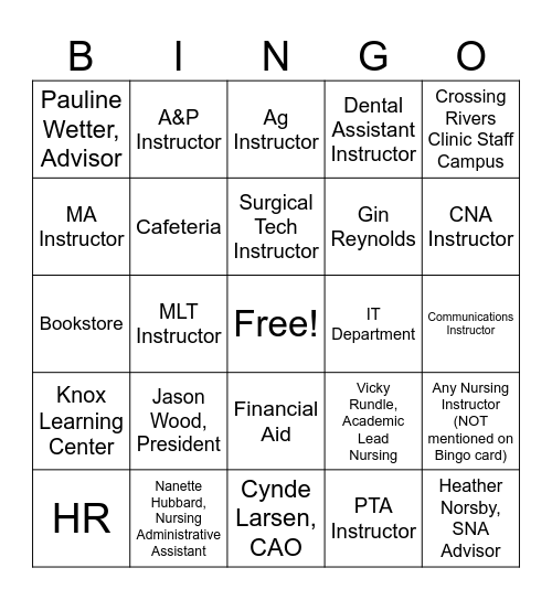 Fundies First Exam Bingo Card