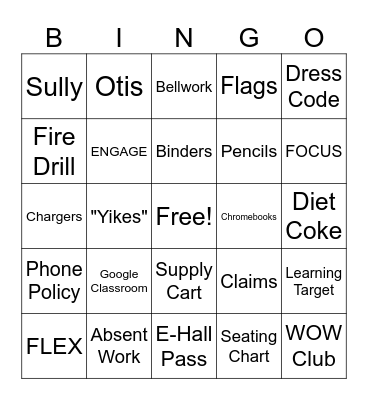 Back to School Bingo Card