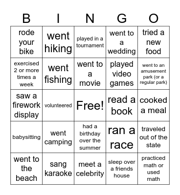 What did you do over the Summer? Bingo Card